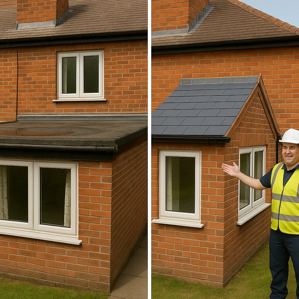 Before and after photos of Wylde Green rear extension showing both flat and pitched roof options