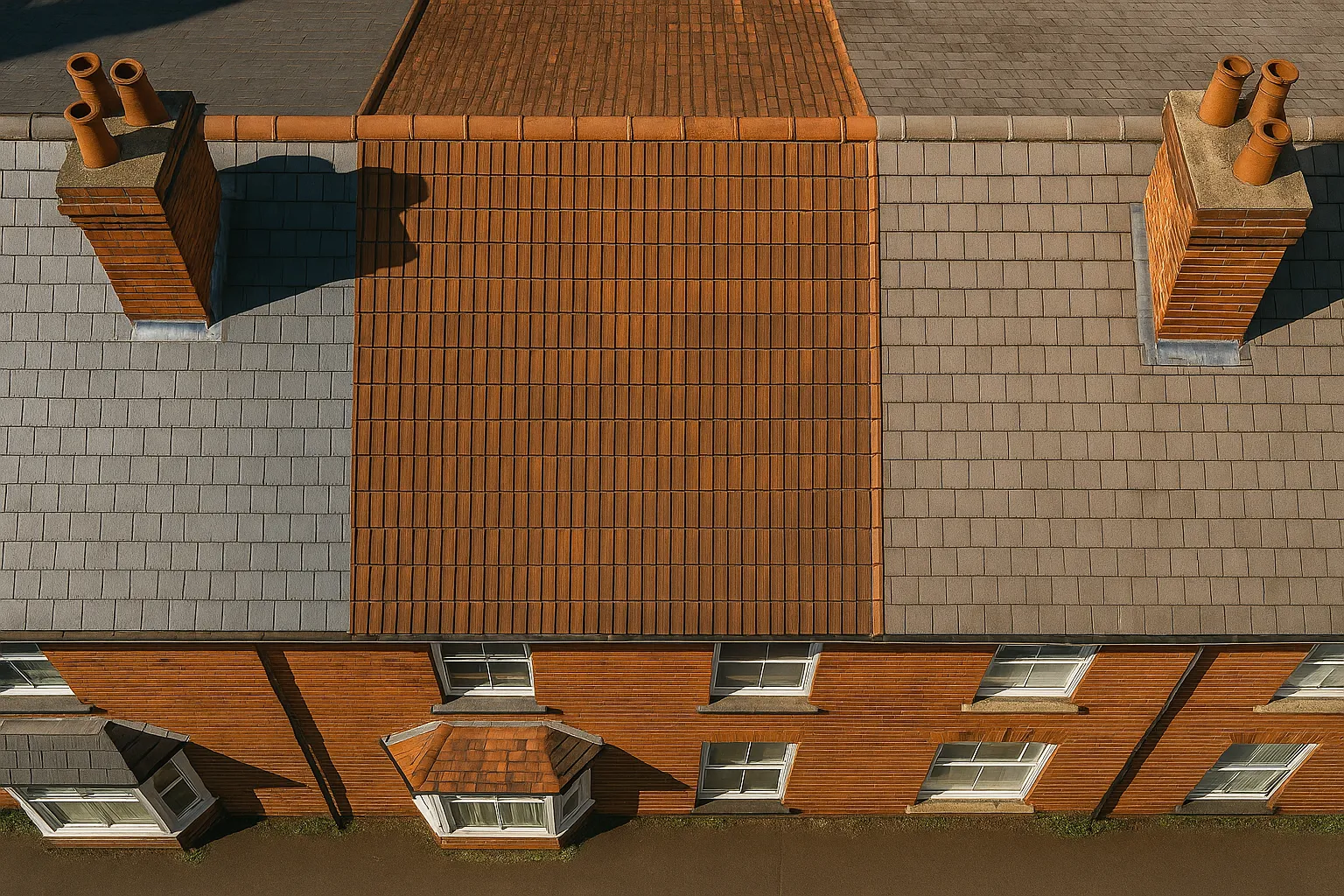 Birmingham rooftops showcasing various materials including slate, tiles, and modern alternatives