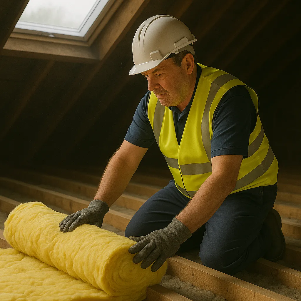 Professional installer laying loft insulation