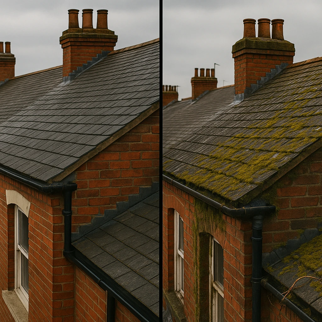 Victorian terraced houses in Birmingham with slate roofs under grey cloudy sky showing different ages and conditions