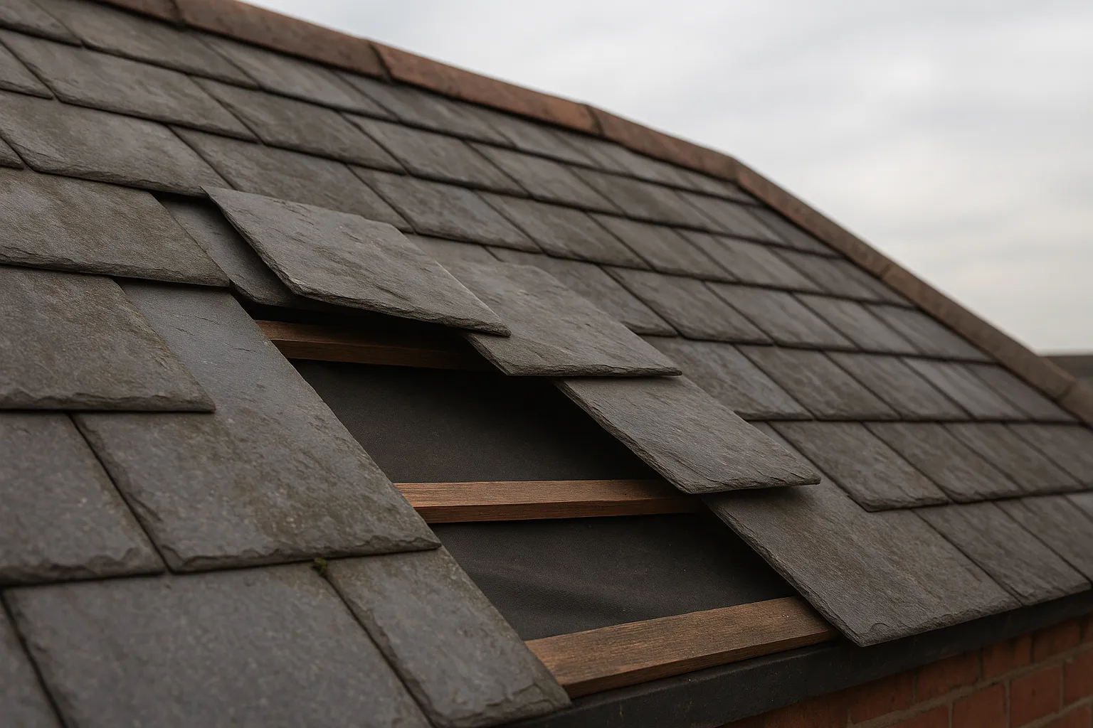 Close-up of missing roof tiles showing exposed underlayment vulnerable to water damage