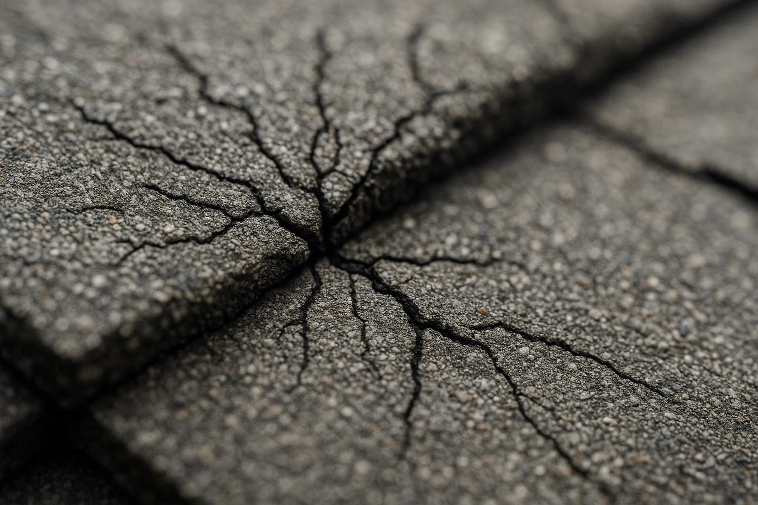 Detailed view of cracked concrete roof tile showing spider web pattern of damage