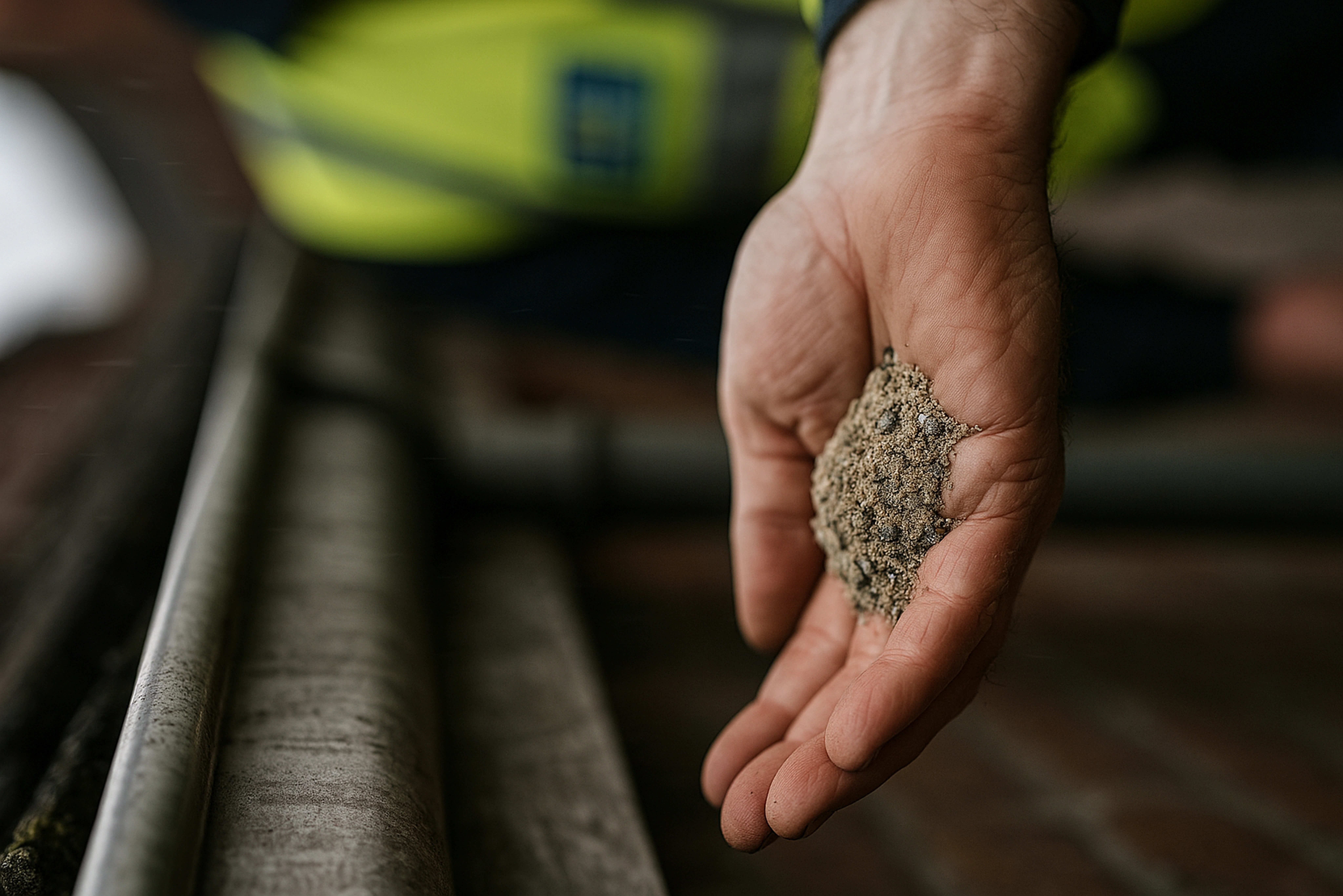 Hand holding granules collected from gutter showing significant tile deterioration