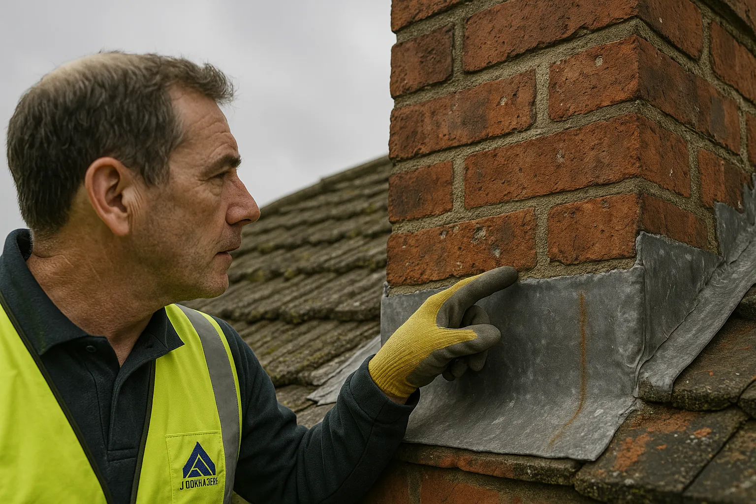 Chimney flashing pulling away from brickwork with visible gap allowing water entry