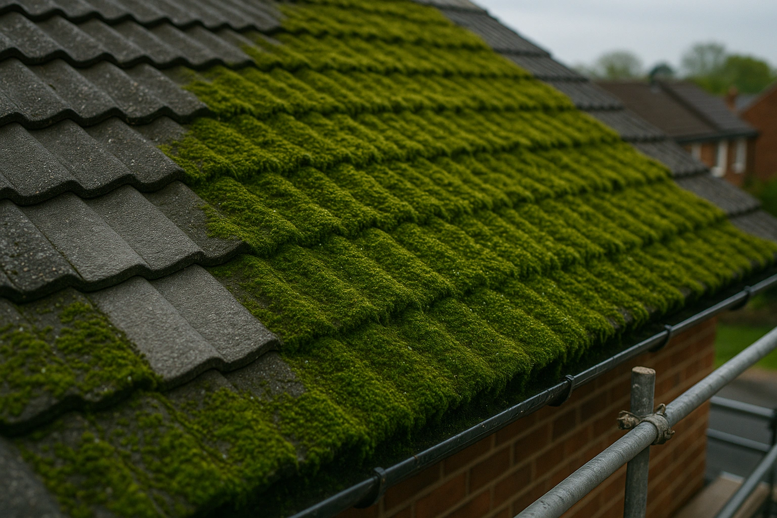Thick moss growth covering roof tiles particularly heavy on north-facing slope
