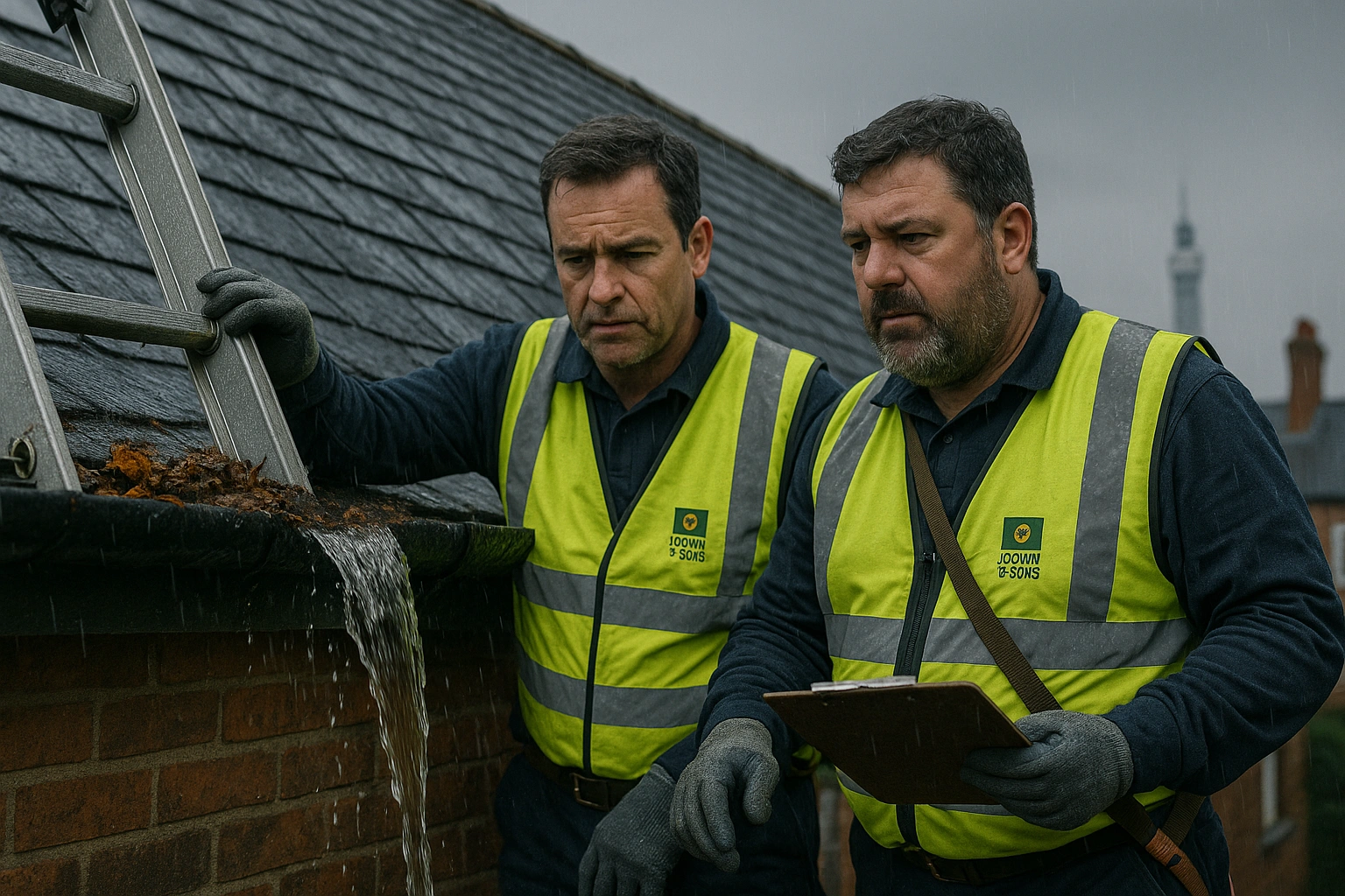 Overflowing gutter during rainfall with visible debris blockage and fascia staining