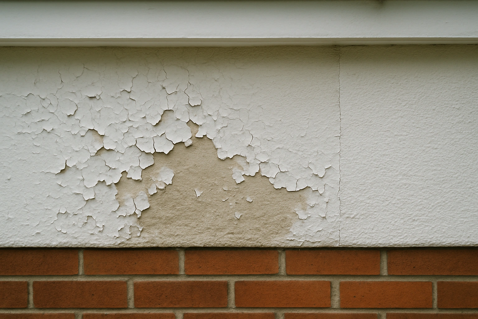 Exterior wall showing paint peeling and bubbling near roofline due to moisture damage