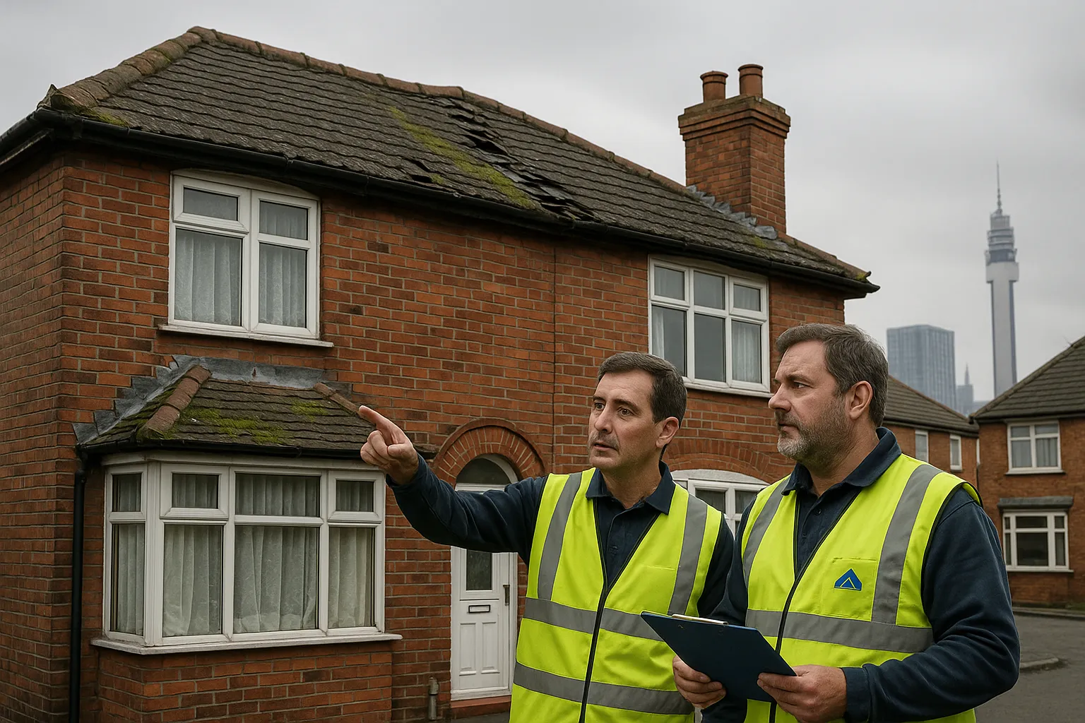 Birmingham home showing multiple roof damage warning signs including missing tiles and sagging areas