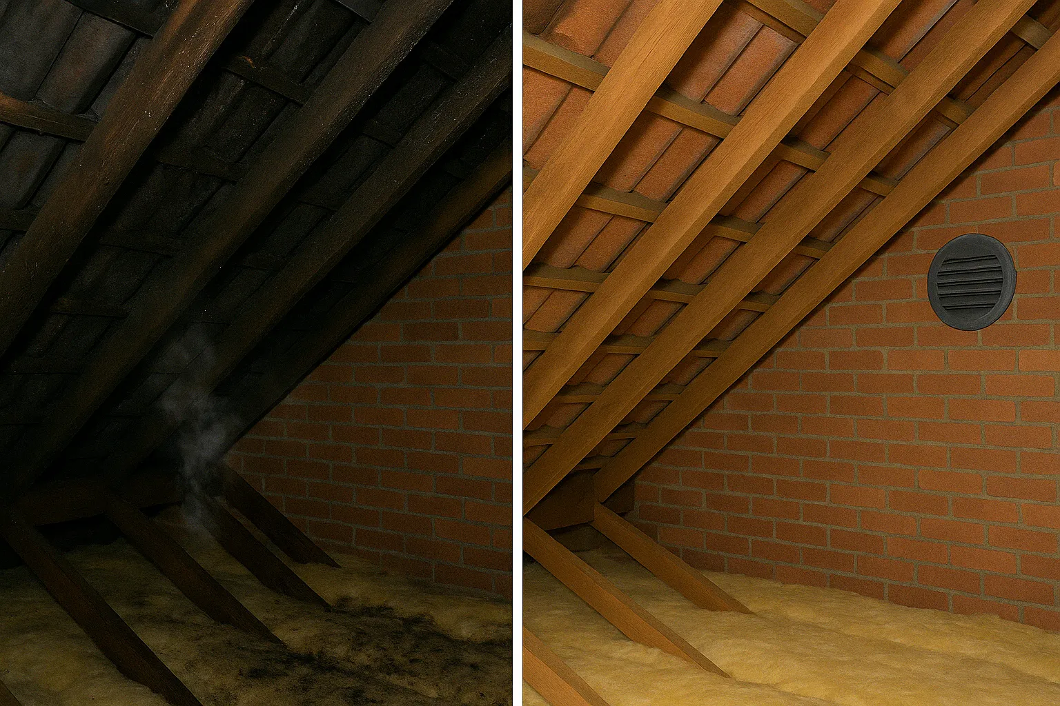 Before and after images of Great Barr loft showing condensation cure